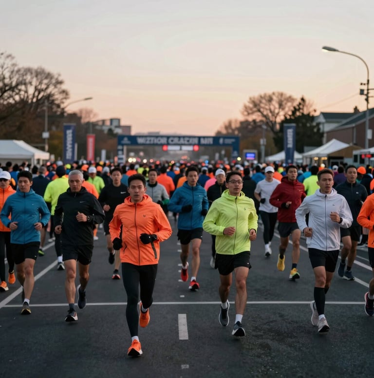 Wide-angle shot of the race starting line at dawn. A sea of runners in colorful gear (incorporating #8C847E and muted tones) is ready to move. The atmosphere is tense and energetic. High-contrast lighting between the dark asphalt #0D0D0D and the morning sky #F2F1ED. Authentic and dynamic vibe.
