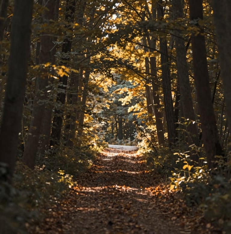 A professional high-resolution photograph of a tranquil forest path, with golden light filtering through the canopy. The color palette features rich earthy tones like #6F5E52 and deep #362C27. Sophisticated and calm.