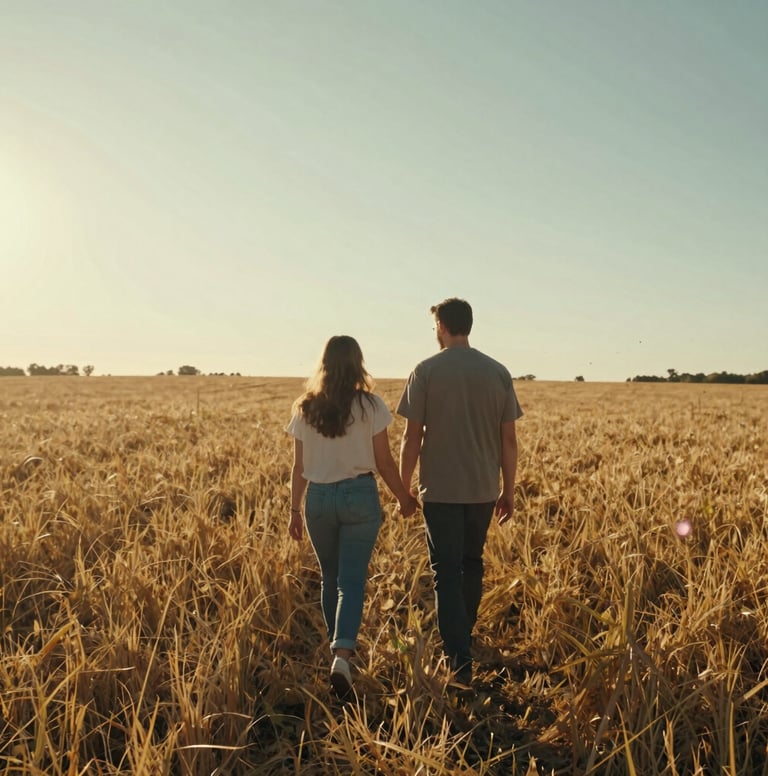 A wide-angle cinematic shot of a couple walking through a golden field in the US Midwest. The sun is low, creating a lens flare and casting a warm, sun-drenched glow over the scene. The mood is deeply personal and authentic, focusing on their storytelling connection.