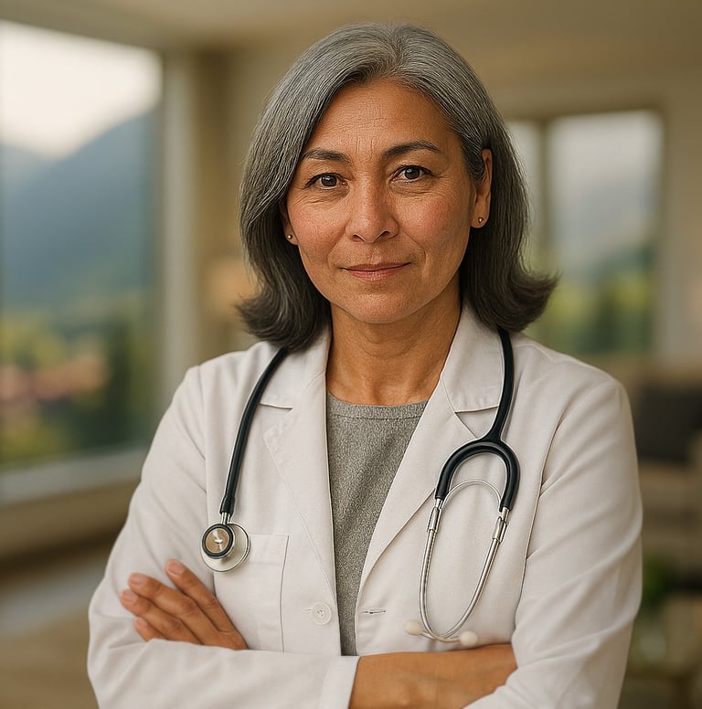 Portrait of a gray-haired female concierge doctor, standing in the lobby of her medical practice.