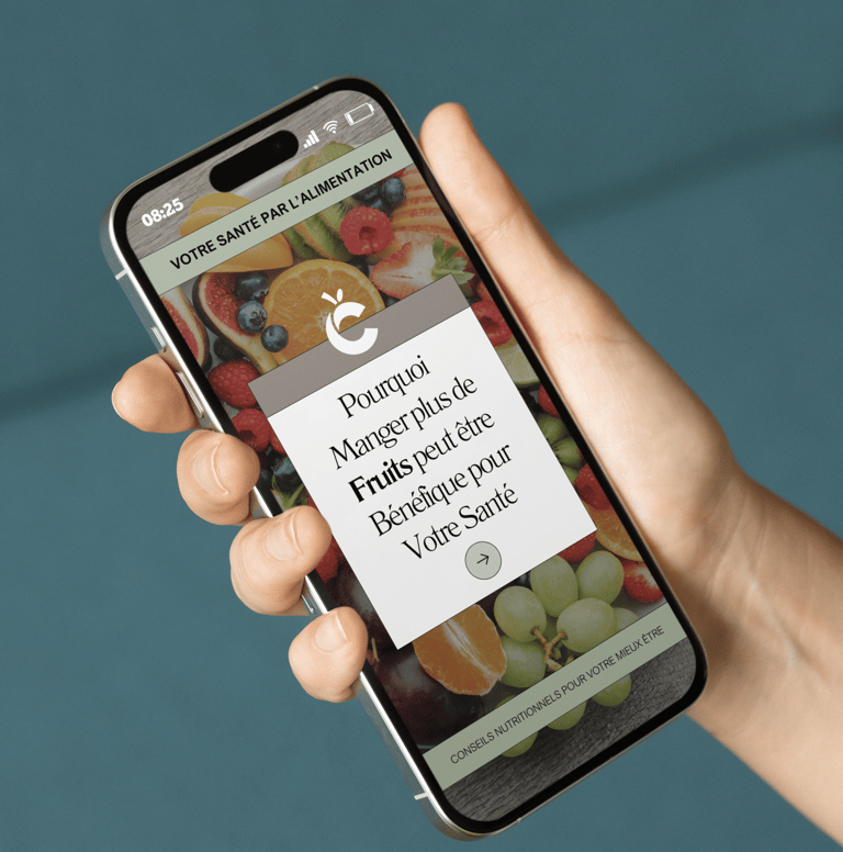 Mobile affichant un post et le logo d'un diététicien sur les bienfaits de manger des fruits.