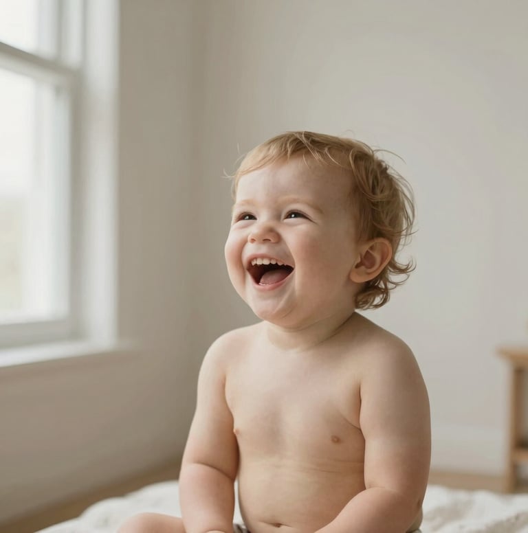 A large, airy portrait of a toddler laughing, set against a minimalist backdrop in a West Michigan studio. The composition is clean and focused, using soft natural window light to create a timeless and approachable feel. The aesthetic is light and warm with soft beige tones.