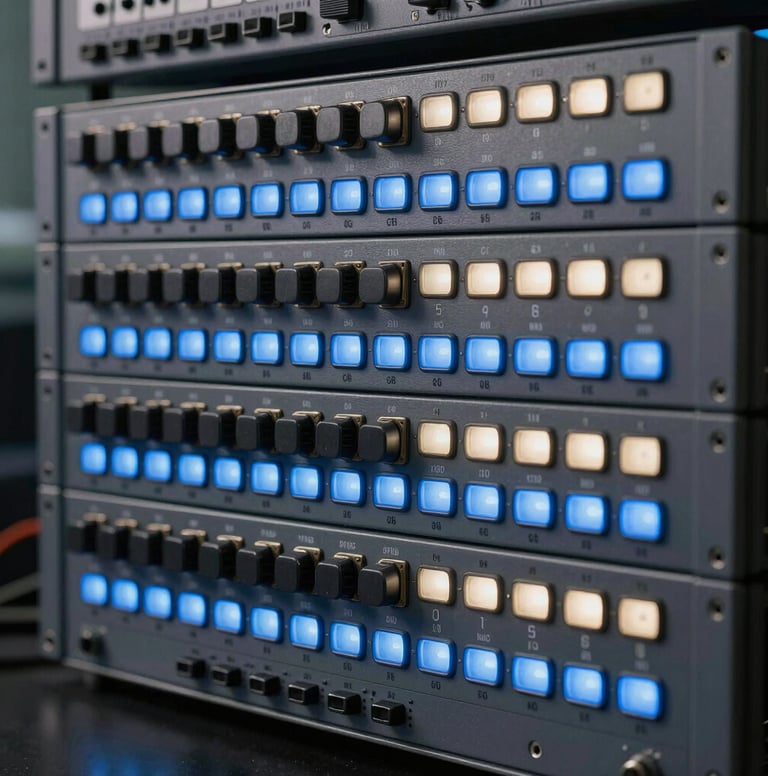 An array of professional rack-mounted signal processors with glowing slate blue and off-white indicators. Clean, organized, and technically dense composition emphasizing professional excellence in audio engineering.