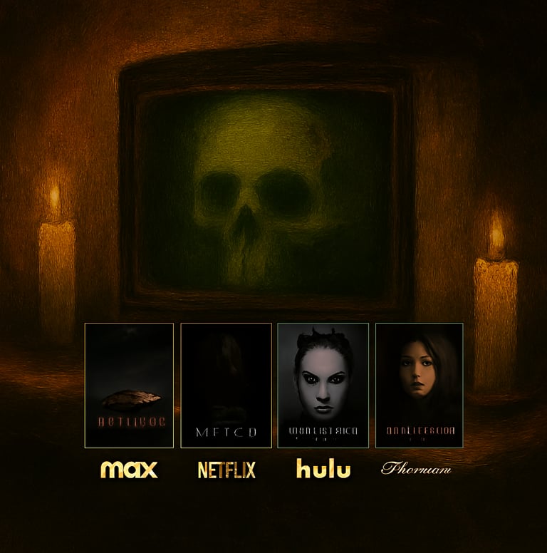 Candlelit CRT TV showing It Follows, The Witch, Black Swan, Hereditary, The Babadook — streaming.