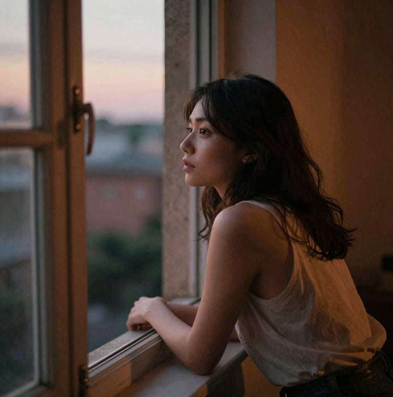 Candid film shot of a young woman looking out of a window at dusk. Grainy aesthetic, soft focus. The room is dim with warm terracotta tones (#D1B499) and deep shadows (#3E352B). Her expression is thoughtful and authentic.