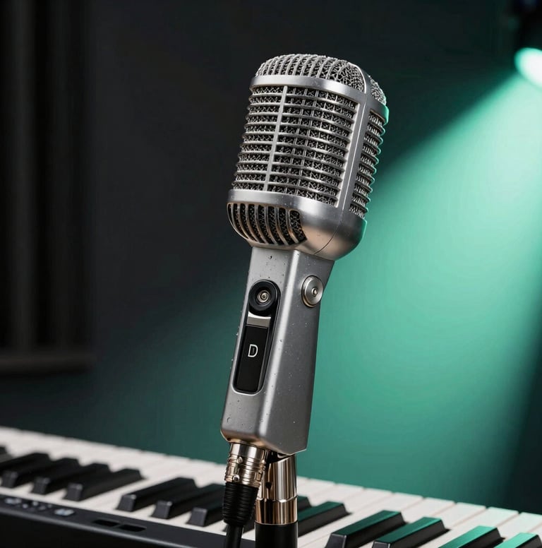 A professional close-up shot of a classic silver microphone and the edge of a keyboard in a International / English-speaking recording studio. The background is Deep Obsidian with a spotlight effect of Electric Mint. Bright, funky, and creative aesthetic.
