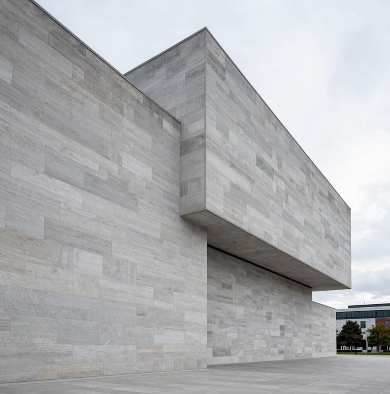 A wide-angle professional shot of a modern museum facade in Northern Europe. Sharp angles of light gray stone against a pale sky. The style is minimalist and high-fashion, emphasizing refined taste and architectural precision.