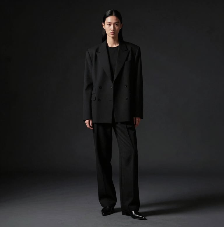 Full-body shot of a model in a monochrome avant-garde outfit. The background is deep black #0F0F0F, creating an exclusive and moody atmosphere. Minimalist and refined fashion design.