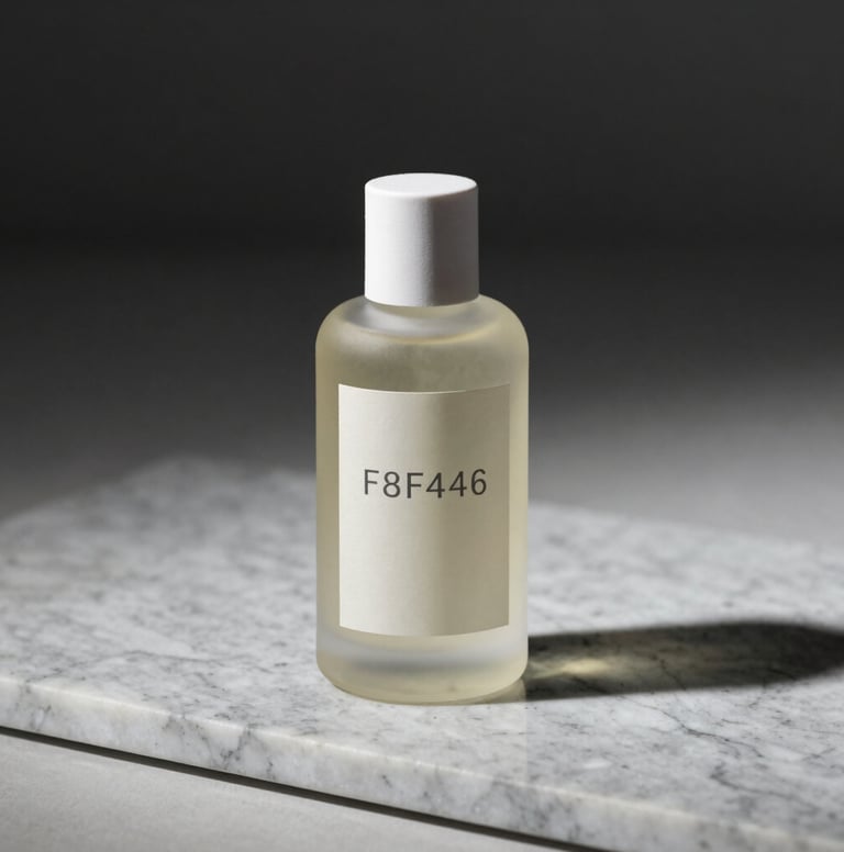 Product photography showing a bottle on a marble slab. The lighting is harsh and direct, creating a high-contrast look. The composition is elegant and minimalist, incorporating #F8F4ED and #363131.