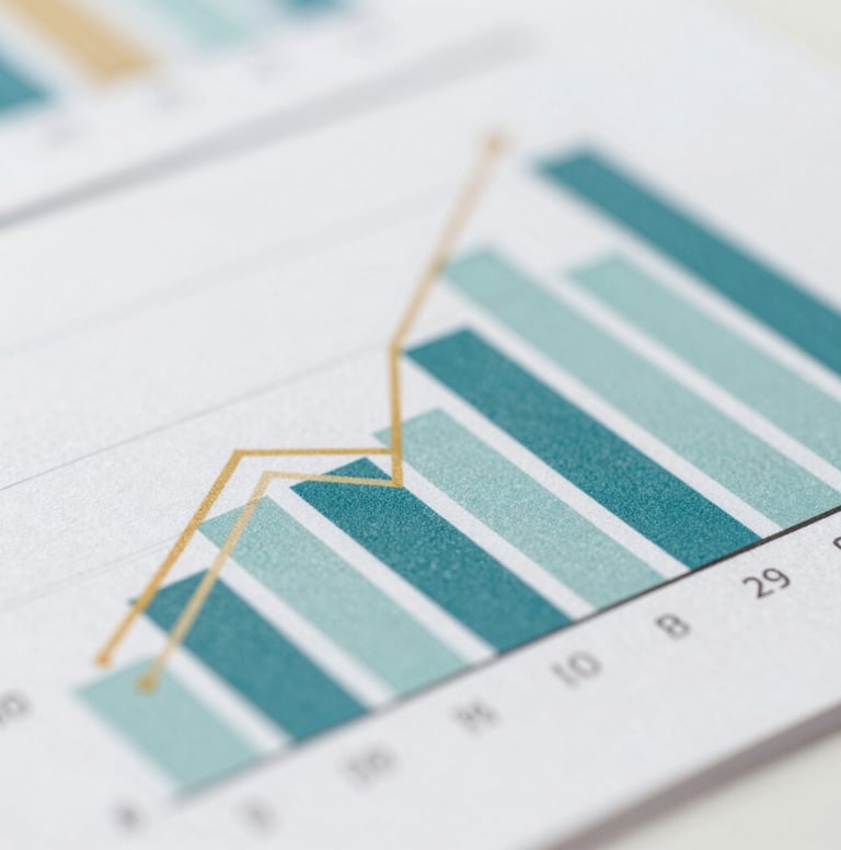 A creative close-up of a printed data visualization chart with teal #7A9E9F and sandy gold #D4B281 lines. The image is crisp and professional, symbolizing the intersection of data and design in information science.