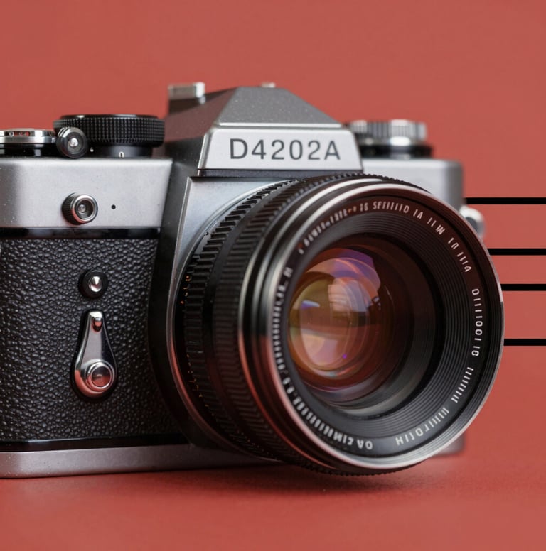 An abstract close-up of a vintage 1960s camera lens. The image uses a flat #D4202B red background with black graphic lines. The style is minimalist and bold, with visible film grain and a halftone texture on the metallic surfaces of the camera.