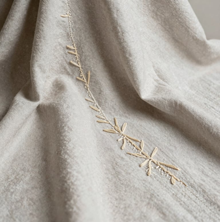 A close-up high-fashion editorial photograph focusing on handmade textile details and natural embroidery on a cream-gray fabric. Soft, diffused lighting highlights the organic textures. Styled in a sophisticated, minimalist South American editorial design layout, emphasizing the raw elegance of natural fibers.