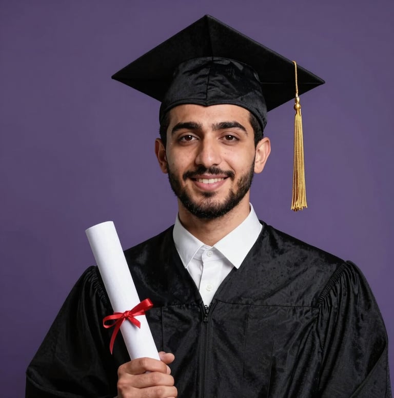 A creative studio portrait of a young Middle Eastern graduate wearing a graduation gown and cap, holding a rolled diploma. The lighting is soft and artistic, with a muted purple backdrop that matches the brand palette.