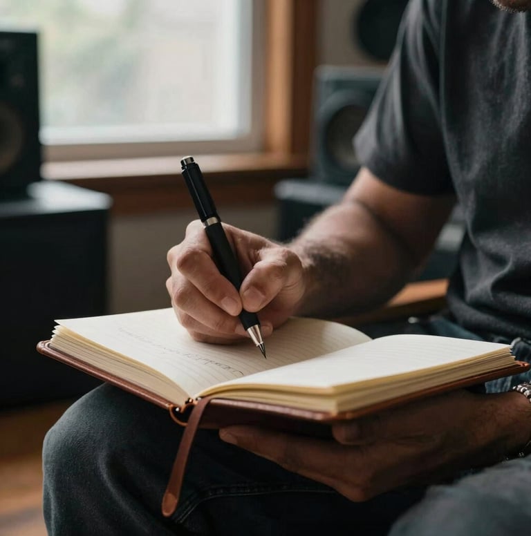 An intimate shot of a musician's hand writing lyrics in a leather notebook in a North American / US home studio. A window in the background lets in soft daylight. The palette is dominated by dark charcoal and warm grey, emphasizing an authentic creative moment.