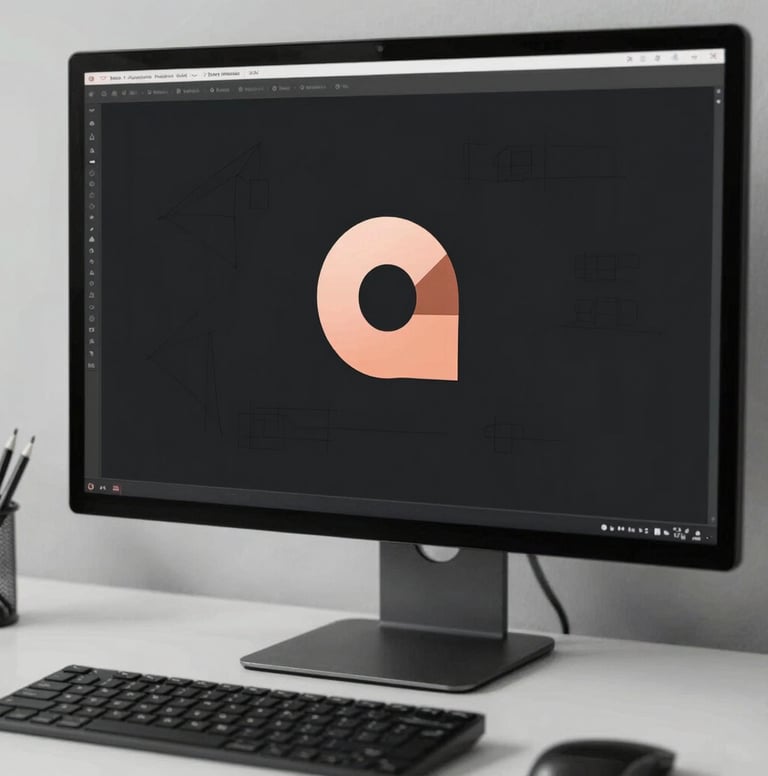 A close-up of a digital design workstation showing a sleek monitor with vector logo sketches. Professional lighting, clean lines, featuring a palette of black and Burnt Peach.