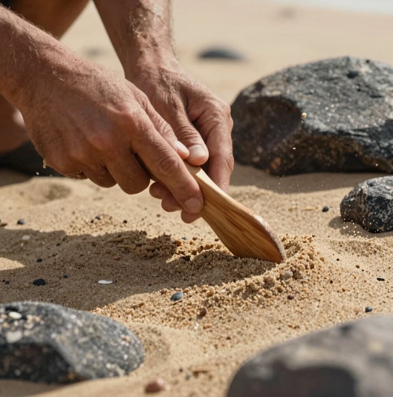 Candid close-up of hands holding a wooden tool, carefully etching a texture into the soft sand. The lighting is warm and sun-drenched, highlighting the granular detail of the sand and the earthy charcoal tones of nearby rocks.