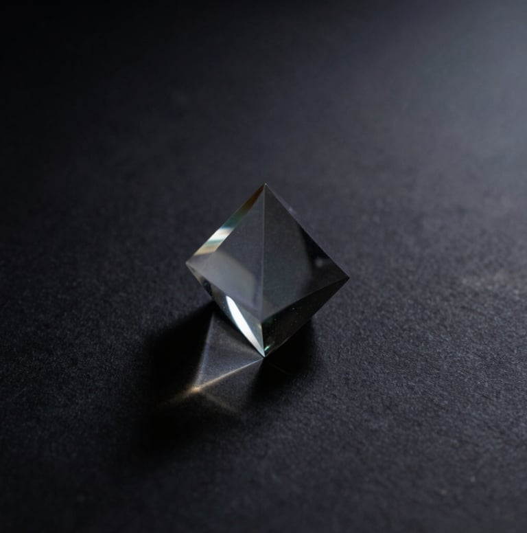 A moody, artistic photograph of soft light passing through a glass prism, casting faint indigo shadows across a dark charcoal surface. The style is abstract and cinematic, reflecting a thoughtful and creative North American / US design aesthetic.