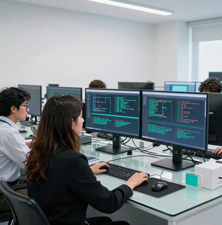A clean, well-lit digital rights research lab in Mexico City. A female professional and her colleagues are analyzing complex data streams on high-resolution screens showing cyber security algorithms. The environment is minimalist and clinical, with dominant white walls, glass desks, and soft accents of teal light. Authoritative and academic atmosphere, representing digital violence prevention research.
