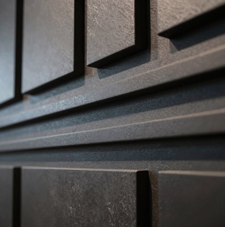 Extreme close-up photography of architectural 3D textures, featuring matte dark charcoal and muted steel grey surfaces. The lighting is elegant and directional, mimicking a North American / US modern art gallery display.