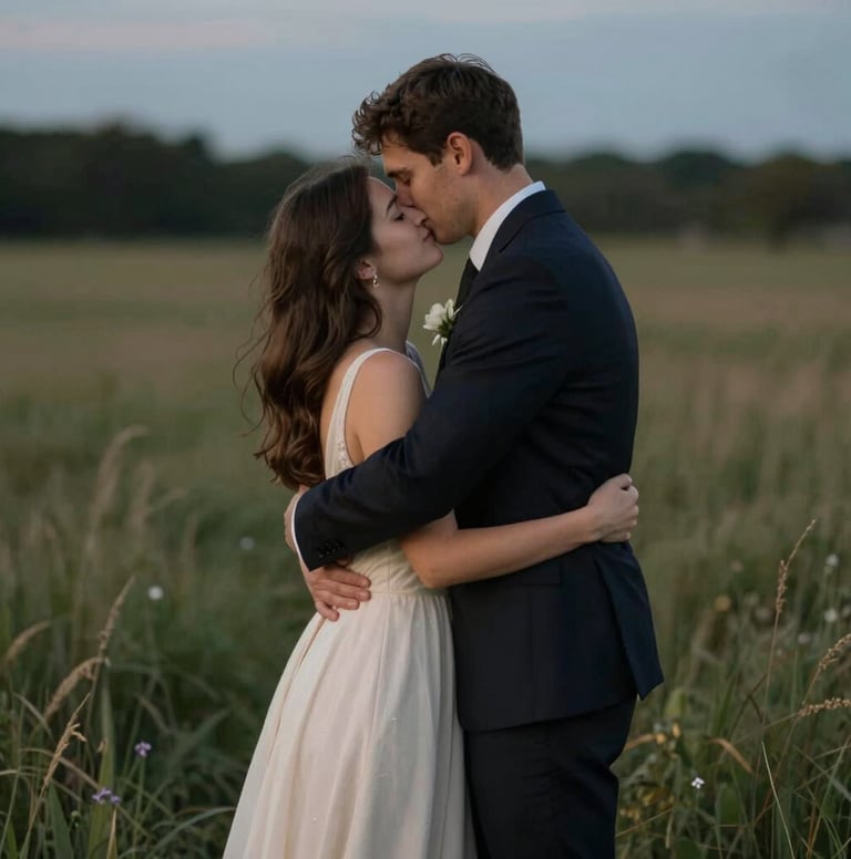 A timeless wedding photograph of a couple embracing in a field at dusk. The groom is wearing a dark suit in #3A3335, and the bride's dress is a soft cream #F5F2F0. The image is artistic, heartfelt, and elegant.