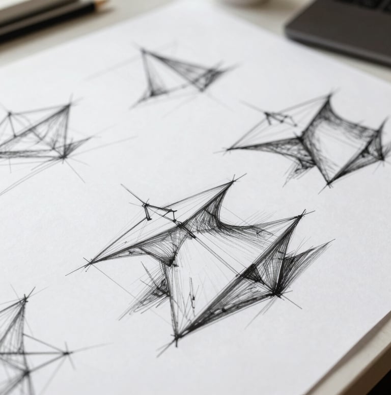 A collection of loose architectural sketches on a desk, showing fluid lines and conceptual volumes. The style is authorial and artistic, using charcoal and ink. Clean composition with plenty of whitespace around the drawings.