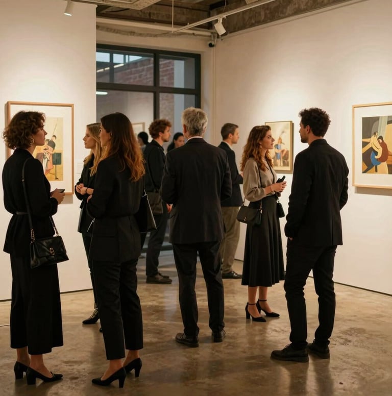 A candid shot of guests at an exclusive art exhibition opening in an International / Global Art Scene urban loft. The lighting is a warm Bronze Gold, and people are dressed in elegant, professional attire.