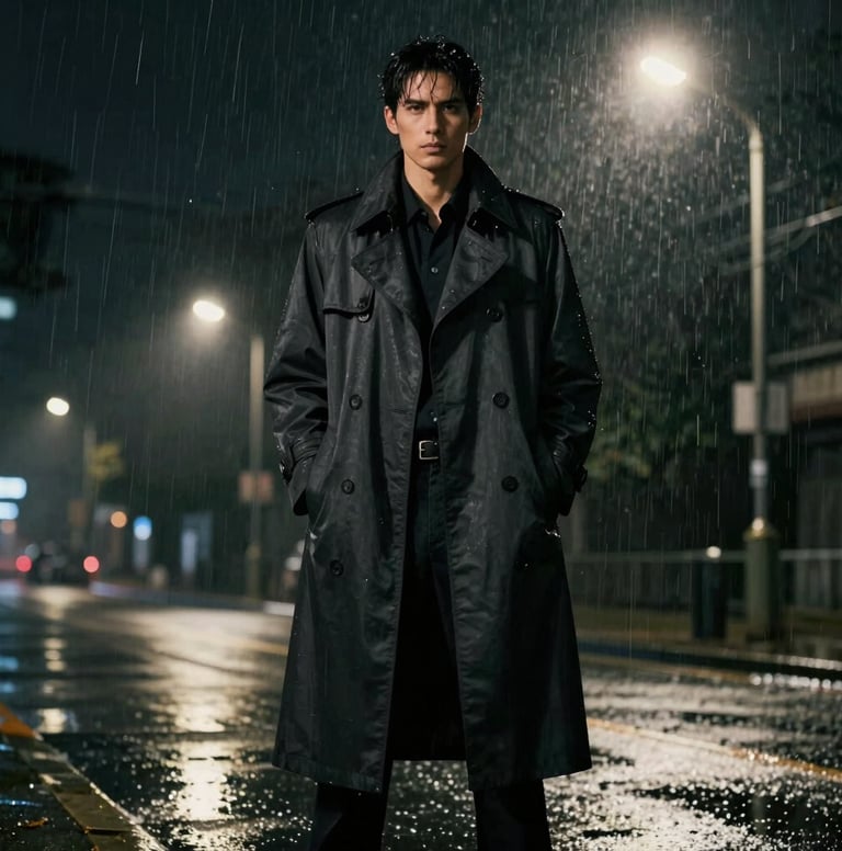 A large-scale cinematic frame featuring a male model in a charcoal black trench coat standing in a rain-slicked urban environment at night. Soft off-white streetlights create a halo effect. Highly dramatic, film-noir aesthetic.
