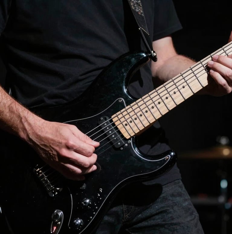 Close-up photography of a musician's hands playing a black electric guitar. Low-key lighting with deep black shadows and off-white highlights on the strings. Professional artistic style, Western European concert setting.
