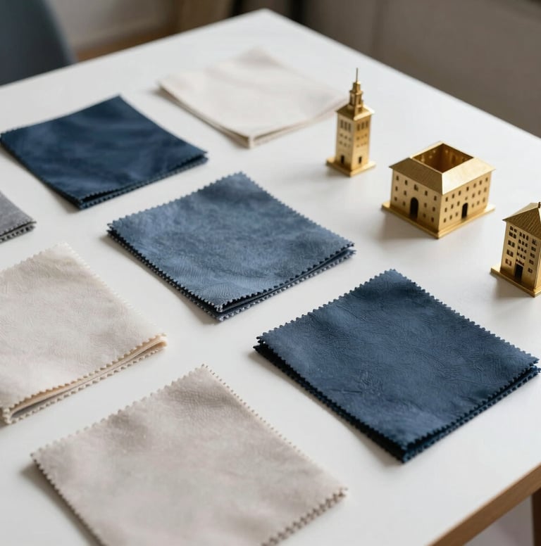 Atmospheric photography of a set designer's workspace in Western Europe. Mood boards, fabric samples in muted blue and off-white, and small gold-plated architectural models on a white table.