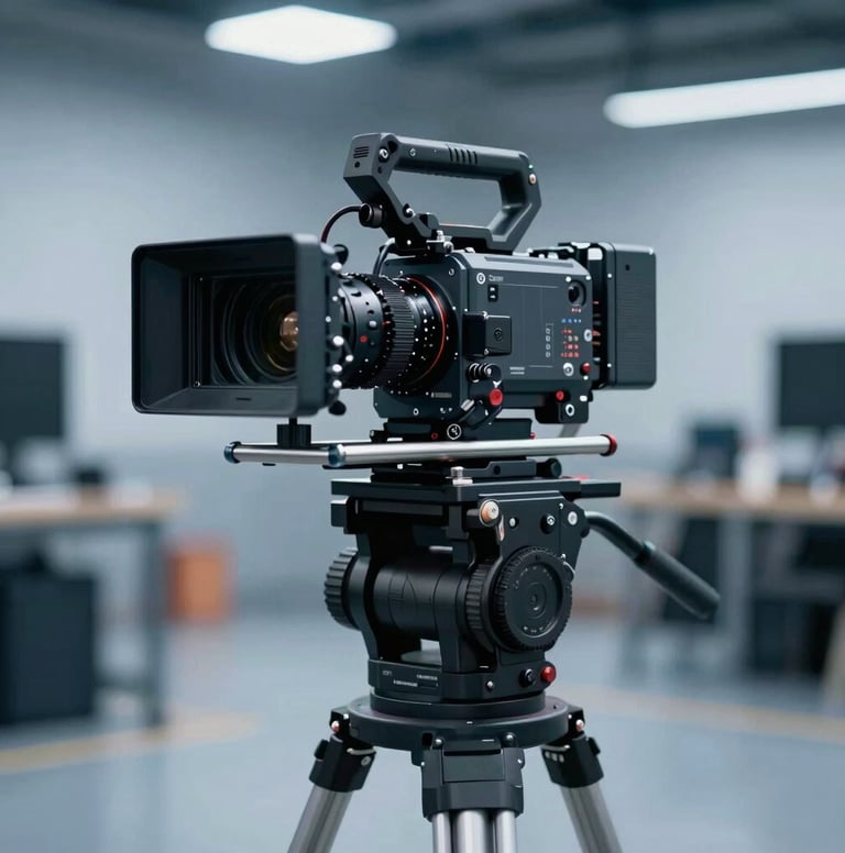 Medium shot of a professional camera rig on a dolly, blurred industrial background with slate blue tones (#4A616F). High-tech aesthetic, reflecting the premium equipment of an audiovisual studio.