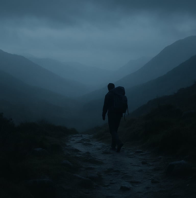 Cinematic wide shot of a solitary hiker on a misty mountain trail in the Brazilian highlands at twilight, atmospheric lighting with deep blue and grey tones, symbolizing a difficult but beautiful journey.