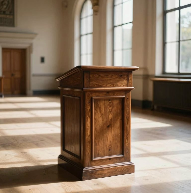A heavy dark oak lecture podium standing in a historic, sun-drenched university hall. The light creates soft cream-colored streaks across the floor, and the atmosphere is silent, scholarly, and profoundly intellectual.