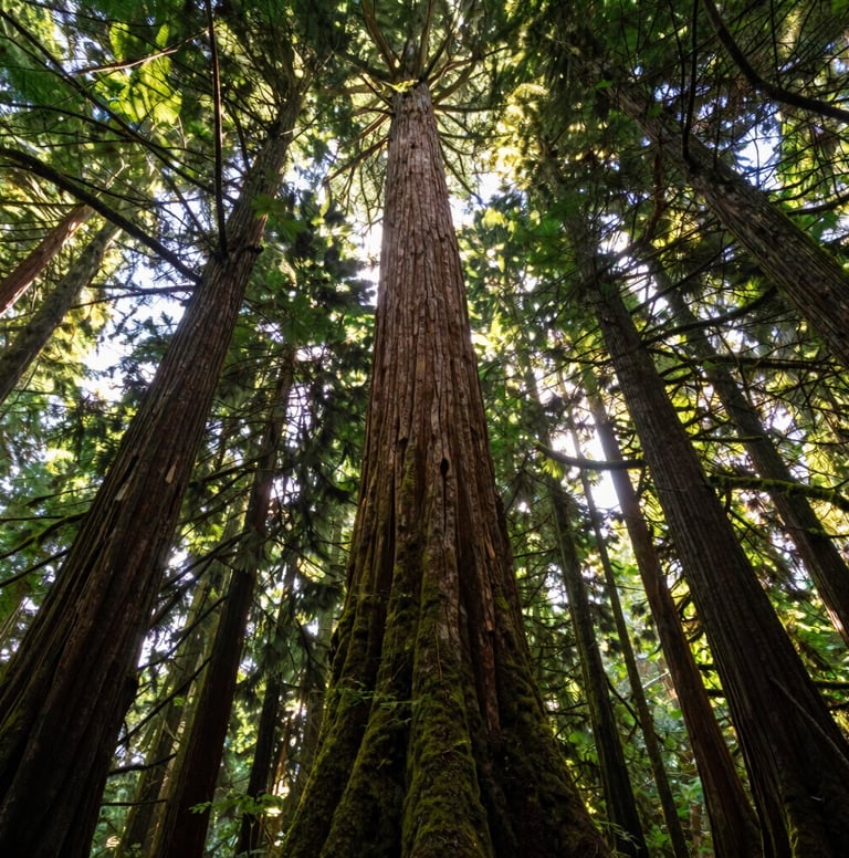 Low angle shot of majestic old-growth trees in a North American / US woodland, sunlight breaking through the canopy, vibrant mossy green and bark brown tones, immersive atmosphere.