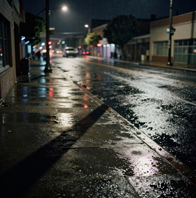 A film noir style scene of a rain-slicked North American / US city street at night. Deep black asphalt reflects soft off-white streetlights. Long, dramatic charcoal grey shadows stretch across the sidewalk.