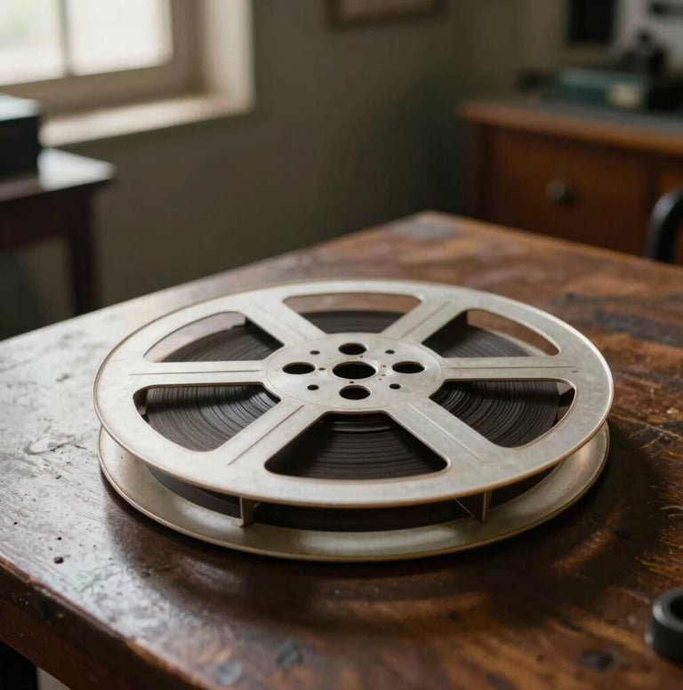 A vintage film reel resting on a wooden table in a sunlit room in Luanda, soft cinematic lighting, deep black shadows, soft off-white highlights, museum archive atmosphere.