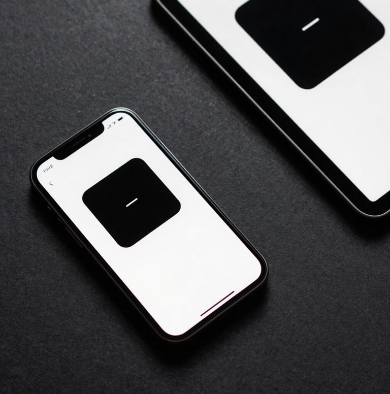 A top-down photograph of a smartphone and a tablet on a dark charcoal surface in a North American / US professional setting. Both screens display a consistent, modern brand identity with a black and white color scheme.