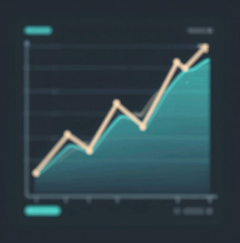 A sharp, clean frame from a motion graphics animation showing abstract financial charts and data flows. The style is modern vector art with a palette of teal blue and soft sand against a dark charcoal background.