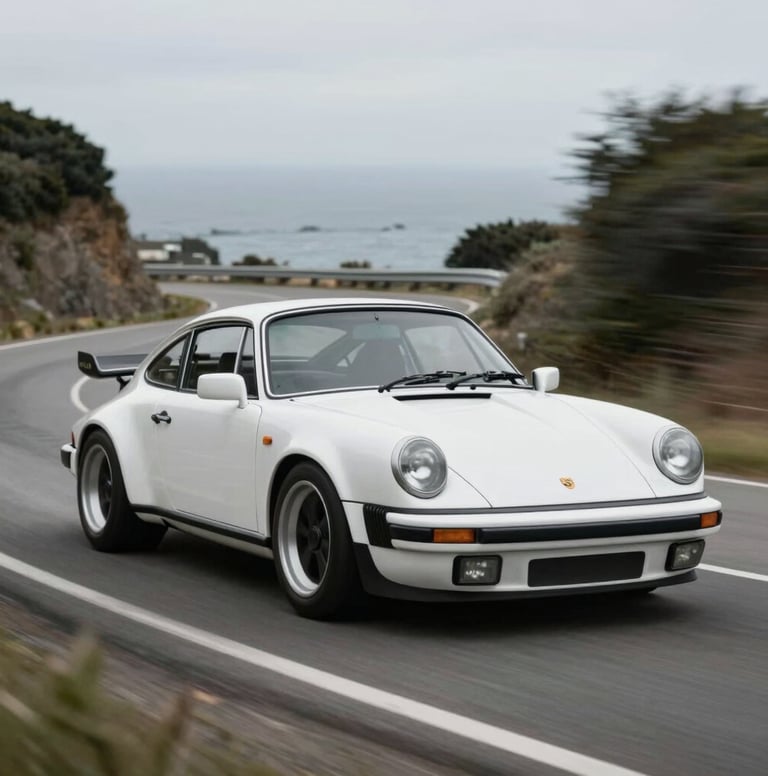 An action shot of a vintage Porsche racing through a winding coastal road. Motion blur on the wheels and road, while the car remains perfectly sharp. The color palette emphasizes #1C2833 and #F8F8F8 highlights. Exclusive and dynamic.