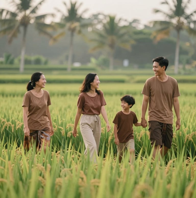A family laughing together while walking through a lush Bali rice paddy. Soft morning light, airy composition, natural expressions with earthy brown #8F6E5F accents.