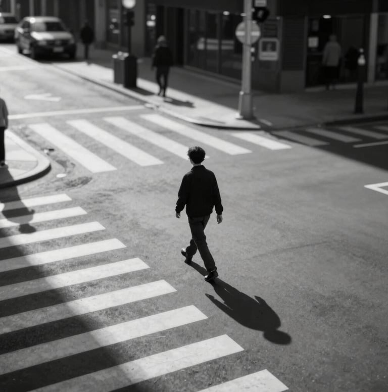 Main project photo: An urban street scene captured from a high angle, emphasizing the geometric patterns of crosswalks and shadows. One lone figure walks across the frame. High contrast black and white style incorporating tones of #0A0A0C and #F5F7FA.
