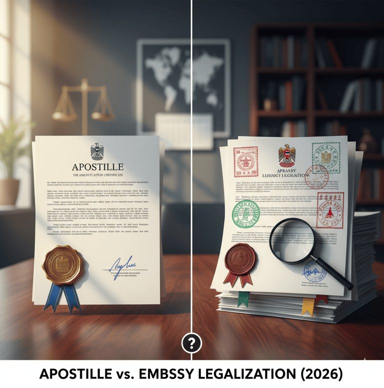"Comparison of Apostille vs. Embassy Legalization for international document authentication in 2026.