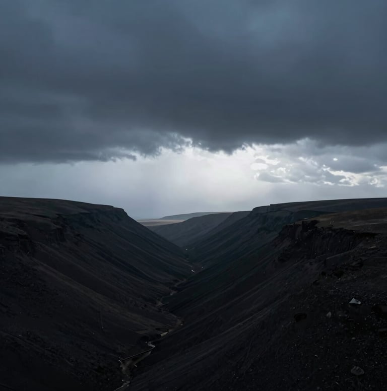 A vertical minimalist landscape photograph showing a vast, dark valley under a storm cloud. A soft glow of light blue-grey breaks through the horizon. Clean, modern aesthetic with a focus on scale and atmospheric perspective. International / Western countryside.