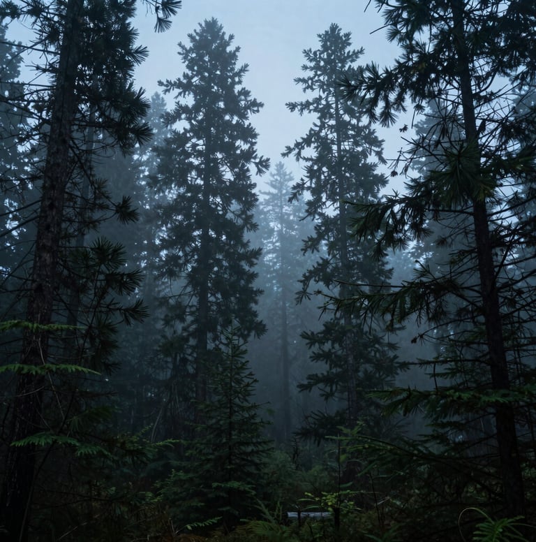 A wide cinematic shot of a misty pine forest in the US Pacific Northwest during blue hour. The scene is atmospheric and thought-provoking, with deep teal and charcoal grey hues creating a modern, sophisticated landscape.