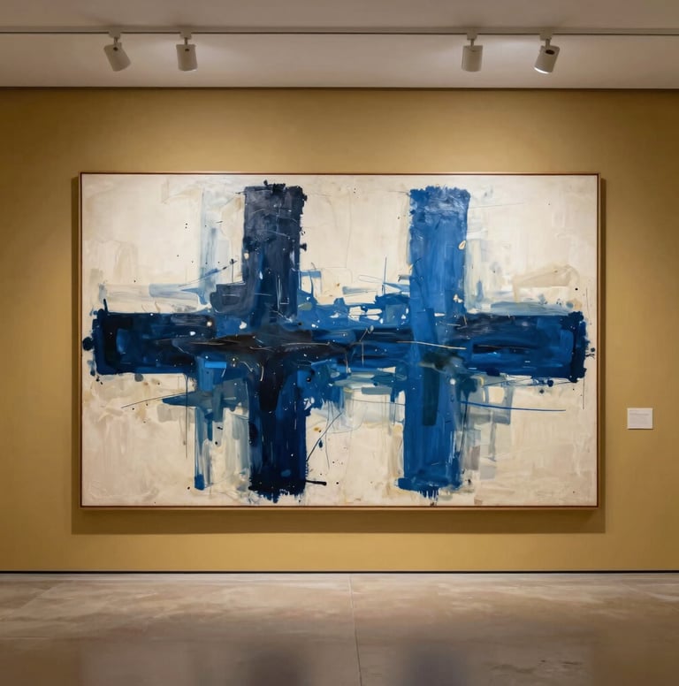 A wide-angle professional photograph of a large-scale abstract painting hanging on a muted gold gallery wall. The artwork features bold midnight blue strokes against a cream background. Professional track lighting highlights the texture, set in a clean North American gallery space.