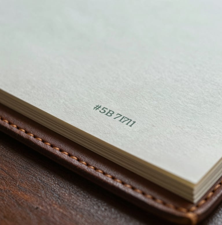 A macro shot of high-quality archival paper and a leather bookbinding, showing exquisite texture and a refined color palette of #5B7B71 and #F1F4F2.