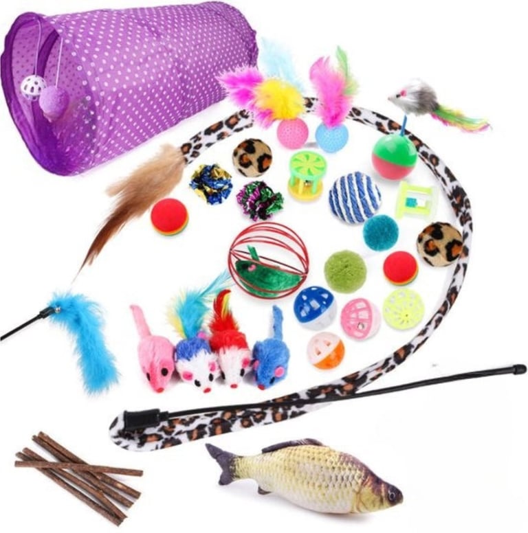 Kattenspeelgoed set XL 28 stuks met speeltunnels en jachtspeeltjes voor actieve katten