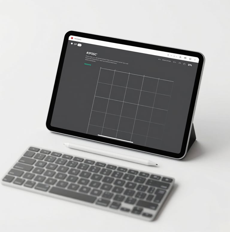 A professional top-down view of a designer's desk. It features a tablet showing wireframe grids in #3F5E5C, a sleek stylus, and a high-end keyboard. The composition is clean and uncluttered, following a minimalist aesthetic with a professional polish.