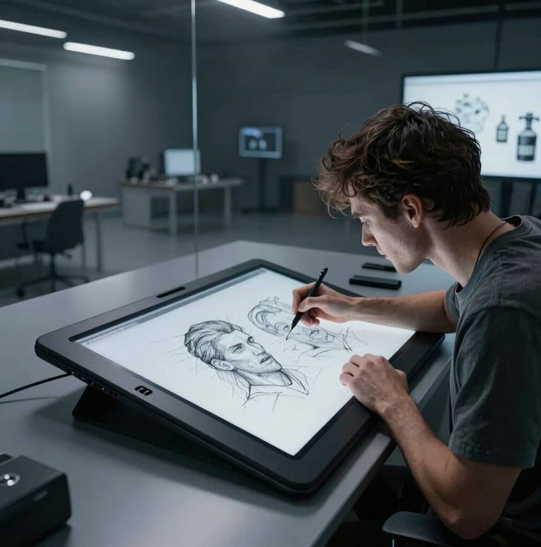 A wide cinematic photograph of a character designer in a North American / US studio, sketching on a large digital tablet. The environment is dark with deep slate and silver mist tones reflecting off glass surfaces.