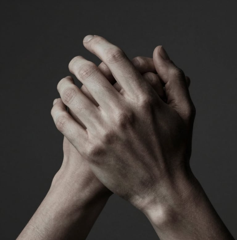 Abstract detail of two hands intertwined. High contrast lighting (clair-obscur) emphasizing the texture of the skin and the grace of the fingers. Mood is intimate and storytelling. Palette includes #1F1E1C for deep shadows and #8F8C8A for mid-tones.