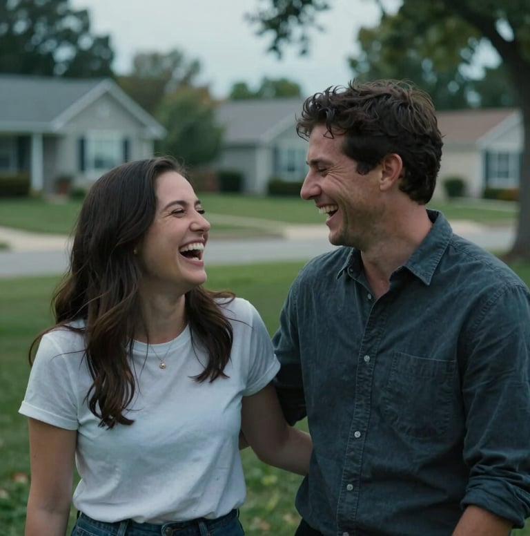 A candid, medium shot of a North American / US couple sharing an authentic laugh in a suburban park. The lighting is soft and cinematic, with hints of muted light blue in the shadows. The focus is sharp on their genuine expressions.
